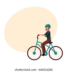 Young man, guy riding urban bicycle, cycling in helmet, cartoon vector illustration with space for text. Full length, side view portrait of young man riding a bicycle, cycling