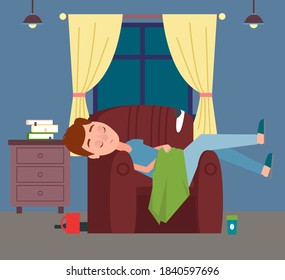 Young man or guy is sleeping in chair, covering himself with blanket. Cup, disposable coffee cup and bottle near an armchair. Books on the table, Cozy home interior. Stay home and do favourite things