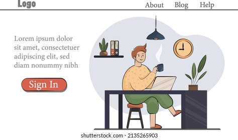 young man guy stay at home work freelance, quarantine, pandemic, home office page for blog website login account button isolated on white background stock vector illustration