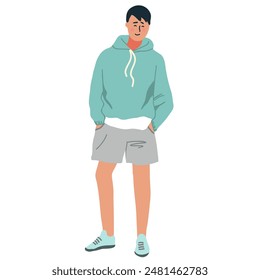 Young man, guy wearing hoodie character. Standing hands on pocket. Flat vector illustration isolated on white background