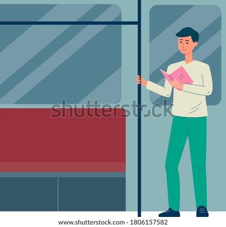 A young man or guy who is a fan of literature reads an interesting book. A student stands in a subway car and looks in open textbook. Vector flat illustration