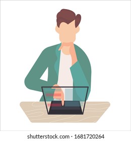 A young man, a guy, works at a computer, sits at a table, types on a laptop. Vector, flat cartoon. Concept: work at home, manager, businessman, student, isolation at home, earnings, freelance, casino.