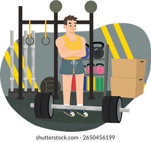 Um jovem na academia com um sino, malhando, fazendo exercícios físicos, atlético, levantador de peso