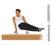 Young man Gymnast on Pommel Horse exercise for gymnastic competition. Flat vector illustration isolated on white background
