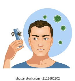 Young man with hair fall caused by covid, vector illustration, eps10