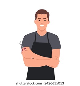 Joven peluquero sostén tijeras peine profesional listo para hacer corte de pelo. Ilustración vectorial plana aislada sobre fondo blanco