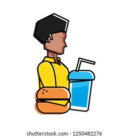young man with hamburger and beverage