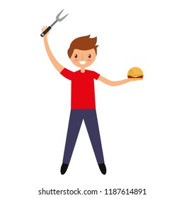 young man with hamburger and fork