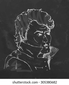 Young man hand drawn portrait on chalkboard. Vector illustration.