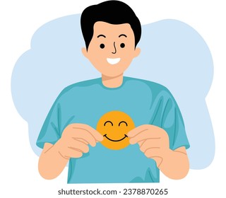 young man hand hold paper cut smiling face emoticon symbol