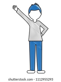 young man with hand up isolated icon
