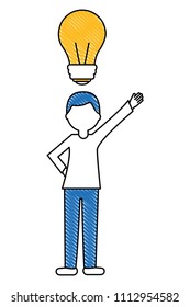 young man with hand up and light bulb isolated icon