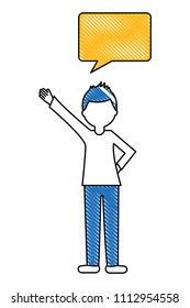 young man with hand up and speech bubble