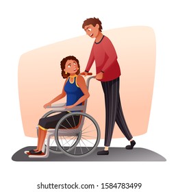 Young man and handicapped lady. Caregiver or husband strolling disabled woman sitting in wheelchair. Physically challenged people medical support. Nursing service. Vector flat cutout illustration