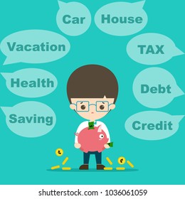 A young man is handing on a piggy bank which has many money while he has a lot of to do lists. salaryman concept. vector illustration.
