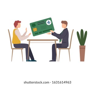 Young Man Handing Over Health Benefits Card Vector Illustration