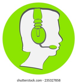 Young man in hands free headset vector icon. Teen boy head in head phone. Webinar icon. Web education. Call center operator. Man profile in green circle. Eps 10.On white background.
