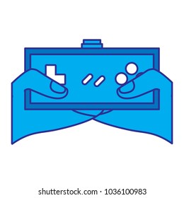 young man hands holding video game control push buttons