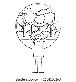 young man with hands up in landscape isolated icon
