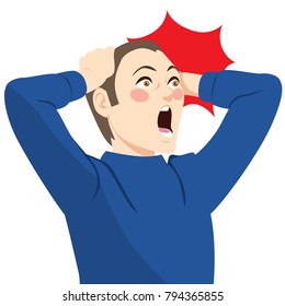 Young man with hands on head shocked about surprising news