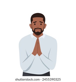 Young man with hands in prayer ask for forgiveness. Male join hands feel grateful or thankful. Flat vector illustration isolated on white background