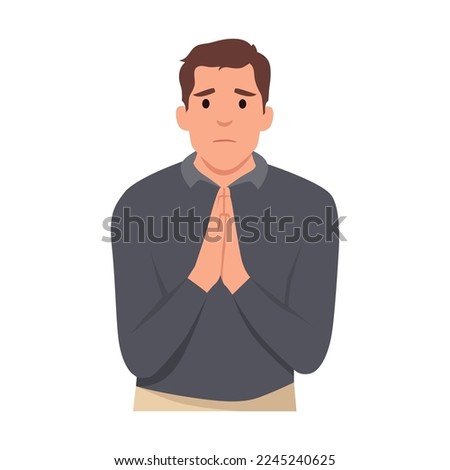 Young man with hands in prayer ask for forgiveness. Male join hands feel grateful or thankful. Gratitude concept. Flat vector illustration isolated on white background