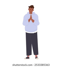 Jovem com mãos na oração e rosto triste pedir perdão ou implorar. Ilustração de vetor plano isolada em fundo branco. Personagem masculino se desculpando, sentindo muito pena, envergonhado, envergonhado.