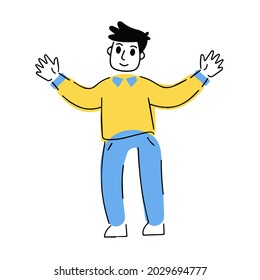 Young Man with hands up. Gesture of joy and enjoyment of life. Geometric linear modern character. Trendy outline cartoon illustration