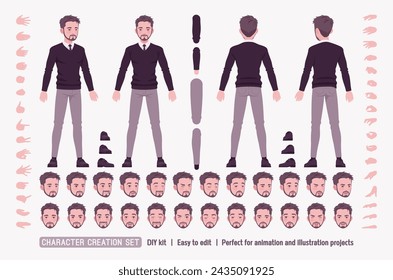 Young man, handsome businessman in smart office outfit DIY character creation set. Male slim body figure parts. Head, leg, hand gestures, different emotions, construction kit. Vector illustration