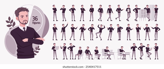 Young man, handsome businessman in smart office wear character set, professional business bundle. Cute male work area poses, emotions, manager mood, busy workspace situations. Vector illustration