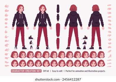 Junger Mann, gut aussehender Mann Hoodie tragen Outfit DIY Charakter Kreation Set, lässige Look rote Jeans. Männliche Körperfigurenteile. Kopf, Bein, Handgesten, verschiedene Emotionen, Baukasten. Vektorillustration