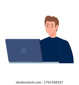 young man handsome with laptop isolated icon vector illustration design