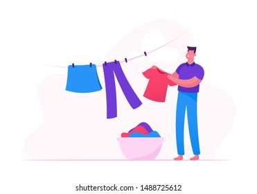 Young Man Hanging Clean Wet Clothes on Rope Taking Washed Linen from Basket in Bathroom or Laundry. Homework Weekend Activity Process, Household Duties and Chores. Cartoon Flat Vector Illustration