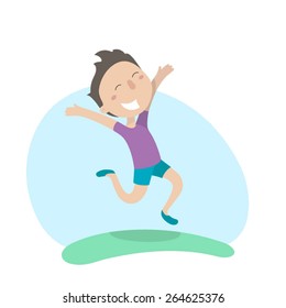 Young man happily jumping. Flat illustration, vector image 