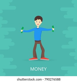 Young man is happy about money. Holds money in his hands. Vector illustration.
