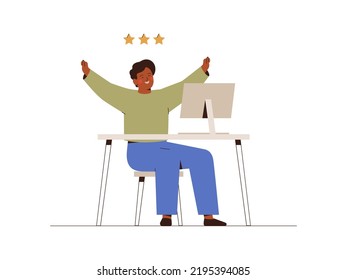 Young man happy with achieving target. Boy raised up his hands and enjoys victory. Concept of Completed tasks or Challenges. Vector illustration