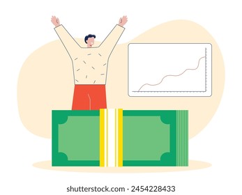 The young man is happy because his investment is increasing. Character design. Vector flat illustration