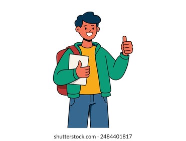 young man happy cheerful smiling character standing with test exam results showing thumbs up. Successful. Hand drawn style vector design illustrations.