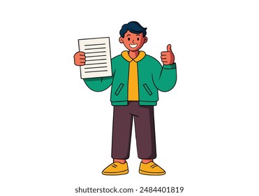 young man happy cheerful smiling character standing with test exam results showing thumbs up. Successful. Hand drawn style vector design illustrations.