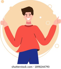 A young man with a happy expression shows the class with both hands, a hand gesture
