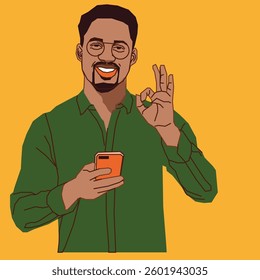 Young man happy with his mobile phone transaction