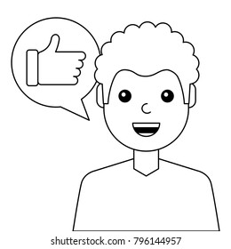 young man happy with like message avatar character