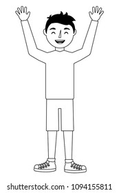 young man happy raised arms character
