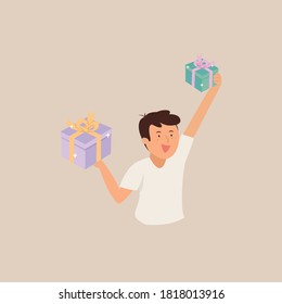 Young man happy with surprise gift box concept.