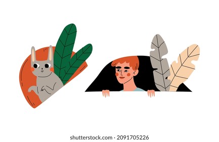Young Man and Hare Peeking Out of Window with Flora Vector Set