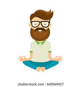 A young man in harmony with himself concept. Lotus posture yoga. Vector flat cartoon illustration character isolated on white background. Hipster calmness, relaxation, meditation, beard, glasses

