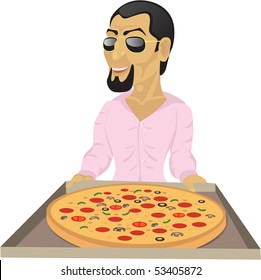 The young man has bring pizza. Isolated on white.