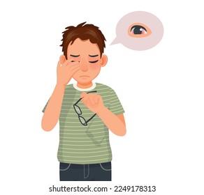 Young man has conjunctivitis or pink eye, sore and swollen eyes because of infection, irritation or inflammation allergies to dust