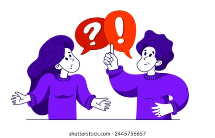 Young man has a good answer to a woman question and doubts, vector illustration of young people helping each other to solve some problem.