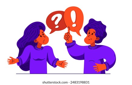 Young man has a good answer to a woman question and doubts, vector illustration of young people helping each other to solve some problem.